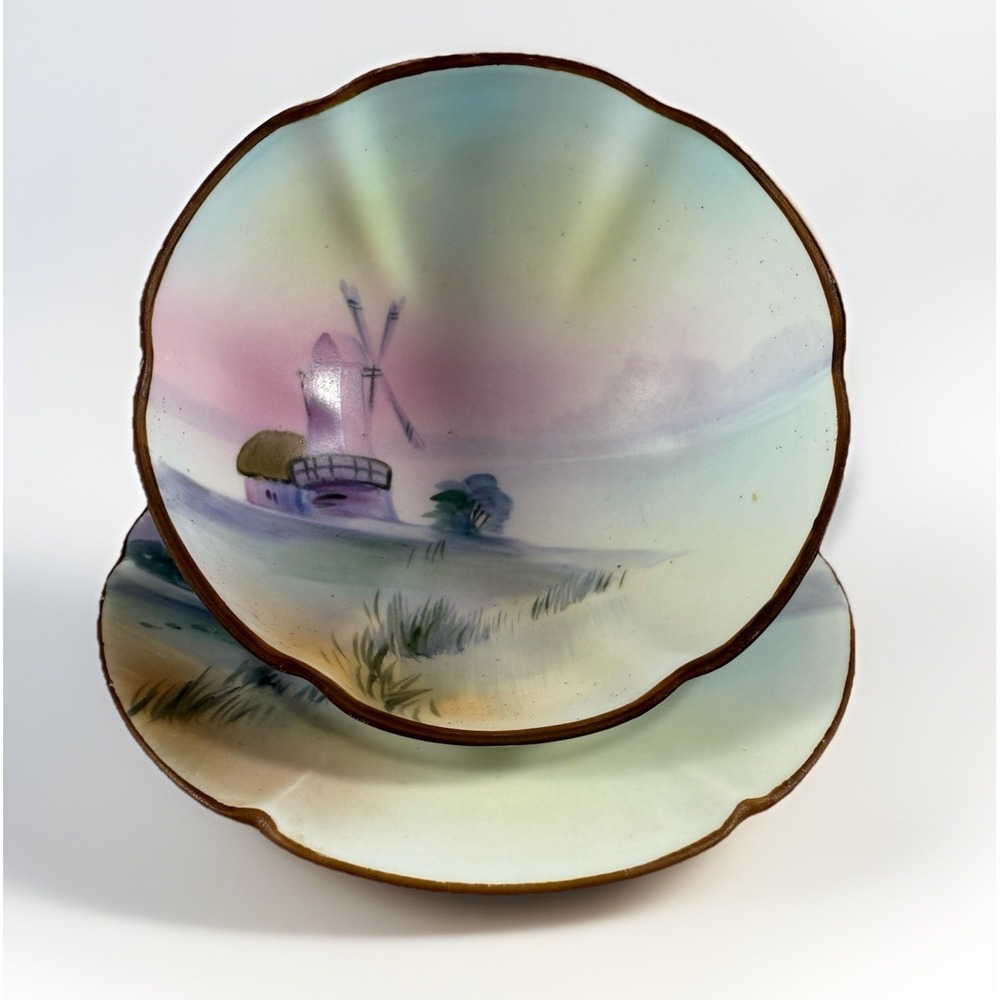 Vintage 2 Piece Mayo Set Hand Painted Bowl Saucer Windmill Nippon